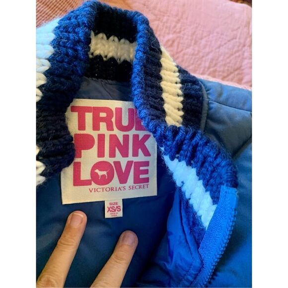 Victoria’s Secret Pink Vest Jacket Puffer Blue Logo Snowboard Down Feather - Picture 2 of 7